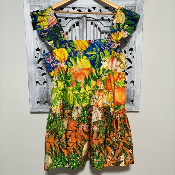 FARM RIO Caipirinha Tiered Printed Ruffle Sleeve Tropical Cotton Mini Dress NWT - Picture 9 of 16